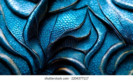 Blue And Gold Beast Skin. Abstract Leather Wallpaper. Dragon Scales Close Up. Beautiful Fairy Tale Background. Raster Illustration. 3d Rendering