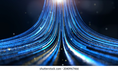 Blue And Gold Futuristic Particle Beam Stream, Digital Data Flow. Dynamic Pattern With Power Rays And Light.
