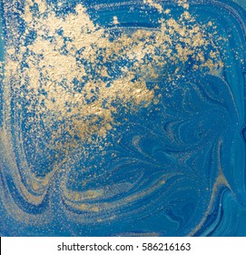 Blue And Gold Liquid Texture. Hand Drawn Marbling Background. Ink Marble Abstract Pattern