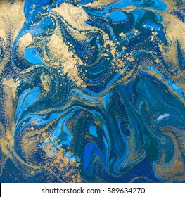 Blue And Gold Liquid Texture. Hand Drawn Marbling Background. Ink Marble Abstract Pattern