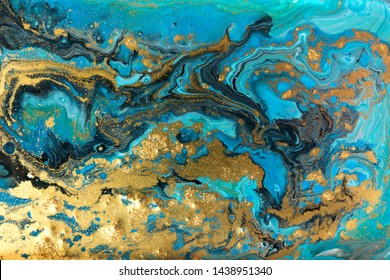 Blue And Gold Marbling Pattern. Golden Powder Marble Liquid Texture.