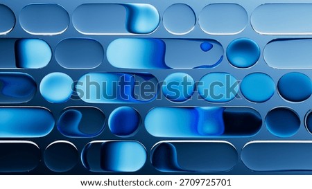 Blue gradient glass bubbles cluster together with fluid shapes and high-gloss reflections. 3D render illustration.