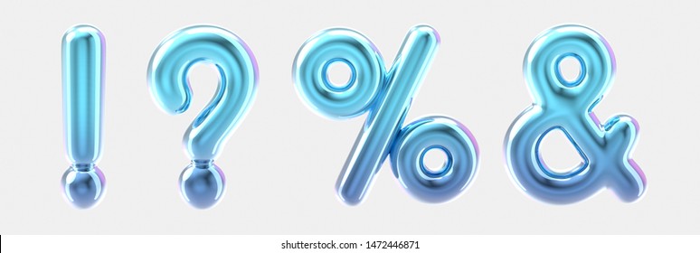 Blue Gradient Punctuation Mark Foil Balloon Set On Light Grey Background In 3d Rendering