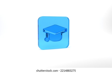 Blue Graduation Cap Icon Isolated On Grey Background. Graduation Hat With Tassel Icon. Glass Square Button. 3d Illustration 3D Render.