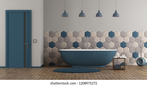 Blue And Gray Modern Bathroom With Bathtub And Closed Door - 3d Rendering