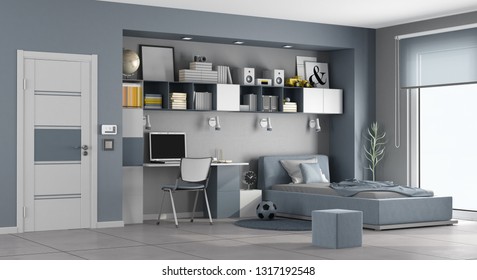 Blue And Gray Teen Room With Single Bed,desk And Bookcase - 3d Rendering