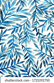 Blue And Gray Winter Fern Leaves Watercolor Hand Painting Background.