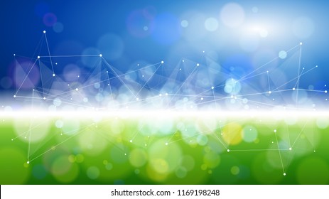 blue green bokeh - environment ecology concept - abstract image of grass & sky connected by a white digital wave created from points and lines - as an image of innovation, modern technology & science