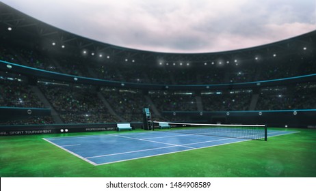 Blue And Green Tennis Court Stadium With Fans At Daytime, Side Perspective View, Professional Tennis Sport 3D Illustration Background