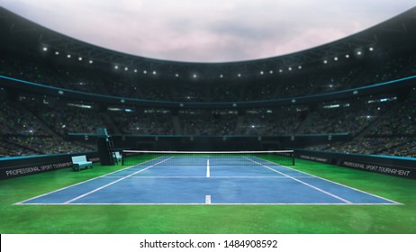 blue and green tennis court stadium with fans at daytime, upper front view, professional tennis sport 3D illustration background