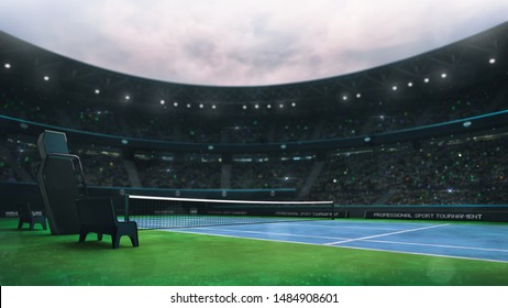 Blue And Green Tennis Court Stadium With Fans At Daytime, Side View, Professional Tennis Sport 3D Illustration Background