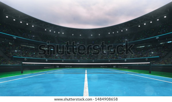 昼間にファンを持つ青と緑のテニスコートスタジアム プレイヤーの正面図 プロテニススポーツの3dイラスト背景 のイラスト素材