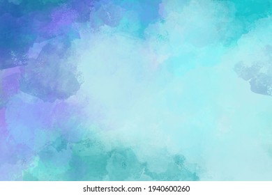 Blue Green Watercolor Background With Abstract Texture Grunge Border With Soft Pastel Purple Cloudy Color