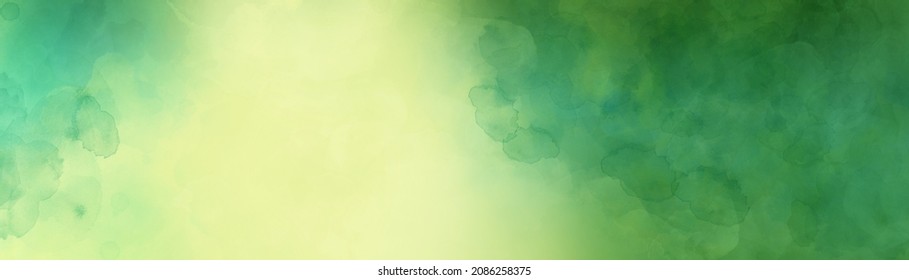 Blue Green And Yellow Background And Light Pastel Yellow Center, Watercolor Painted Texture Blotches In Stained Light And Dark Stormy Sky Border Design, Abstract Banner Or Business Card With No People