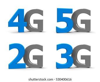 Blue and grey 5g, 4g, 3g, 2g symbols, icons or buttons isolated on white background, three-dimensional rendering, 3D illustration