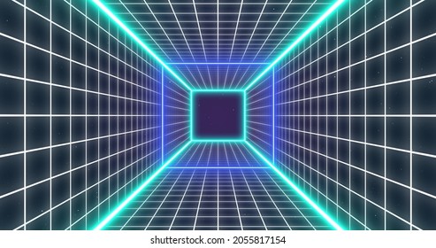 Blue Grid Tunnel. 80s Sci-Fi Design