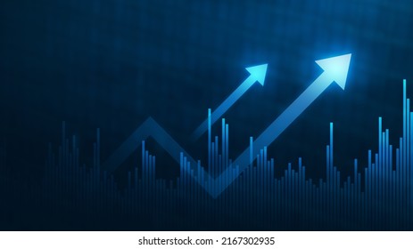 Blue Growth Graph Business Chart Data Diagram On Success Financial Presentation Background With Abstract Up Arrow Bar Symbol Or Finance Marketing Price Statistic And Economy Market Profit Investment.