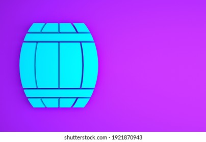 Blue Gun powder barrel icon isolated on purple background. TNT dynamite wooden old barrel. Minimalism concept. 3d illustration 3D render.