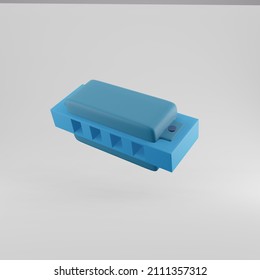 Blue harmonica icon isolated in white background. 3D rendering.