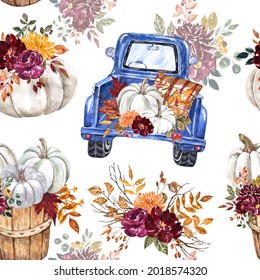 Blue Harvest Truck With Pumpkins Seamless Pattern. Fall Pumpkin In Wood Bucket And Vintage Pick Up Car Illustration. Watercolor Painting. Autumn Botanical Print.