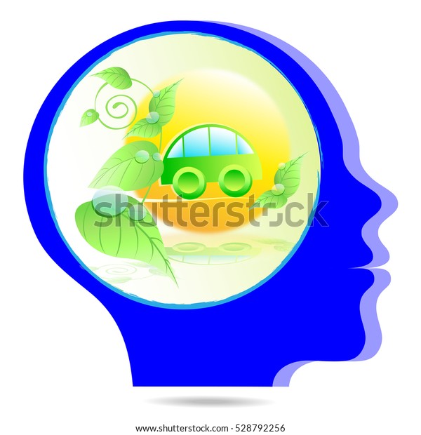 a blue head with plant and a car as symbol\
for green energy in a bubble\
thought