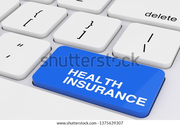 Blue Health Insurance Key on White PC Keyboard\
extreme closeup. 3d Rendering\
