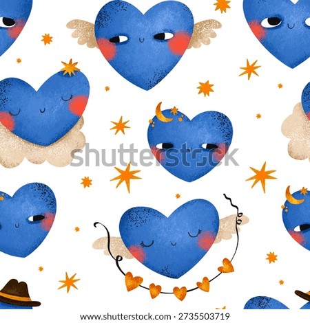 Blue hearts seamless patterns. Hand drawn illustration for valentine day. Love day cartoon endless background. 14 february. Infantile design wrapping paper, textile, print. Baby decor