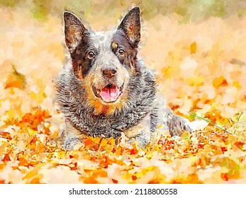 Blue Heeler Dog Laying In Orange Leaves, Blurry Autumn Background.  Watercolor Paint.