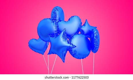 Blue Helium Balloons On Pink Background. 3D Rendering