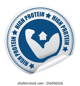 Blue High Protein Sticker, Icon Or Label Isolated On White Background 