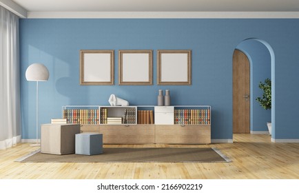 Blue Home Entrance With Archway And Sideboard With Wooden Door On Background - 3d Rendering