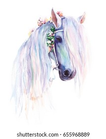The blue horse with flowers in the mane. Original watercolor painting.