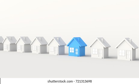 Blue house among white houses. Hunting and searching concept. 3D Rendering