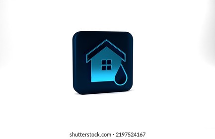 Blue House Flood Icon Isolated On Grey Background. Home Flooding Under Water. Insurance Concept. Security, Safety, Protection, Protect Concept. Blue Square Button. 3d Illustration 3D Render.