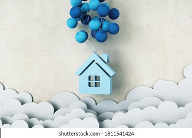 Blue house is flying in balloons. Success and building concept. 3D Rendering