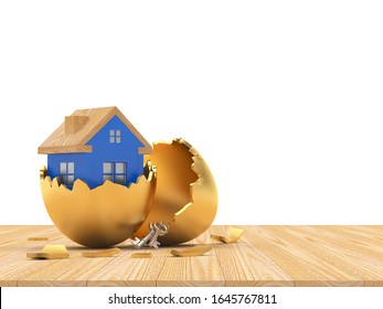 Blue House Icon Inside On A Broken Golden Easter Egg Shell On A Wooden Floor With Space For Text On White. 3D Illustration	
