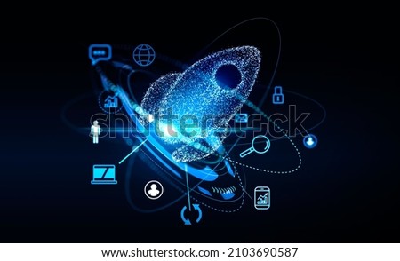 Blue hud with rocket launch and different icons, social media and network connection. Concept of business project and innovation. 3D rendering