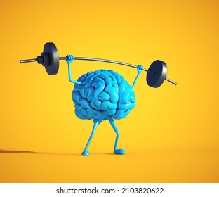 Blue Human Brain Lifting Weight. Private Lessons And Knowledge Concept. This Is A 3d Render Illustration