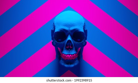 Blue Human Female Skull Medical Anatomical with Pink Teeth and Jaw with Blue an Pink Chevron Pattern Background 3d illustration render