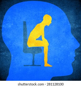 Blue Human Head Silhouette With A Man Sitting Inside Psycology Concept