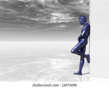 blue human man figure on big blank box - 3d illustration
