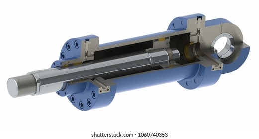 Blue hydraulic cylinder high pressure with thread connection, white background, section, 3D rendering