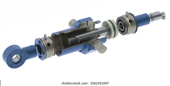 Blue hydraulic cylinder high pressure with thread connection, white background, section, 3D rendering