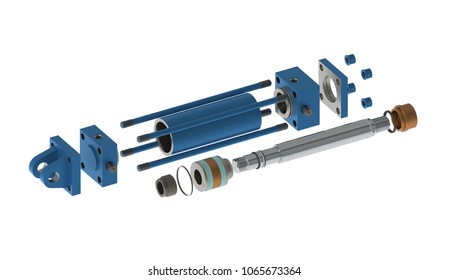 Blue hydraulic cylinder high pressure with thread connection, disassembled, white background, 3D rendering