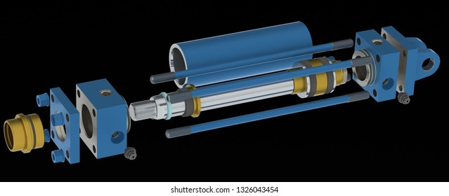 Blue hydraulic cylinder high pressure with thread connection, white background, 3D rendering, disassembled