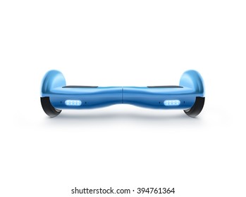 Blue Hyro Scooter Stand Isolated On White. Hover Board Scoter. Two Wheel Transport Device. Electriic Hyroscooter. Self Balancing Hoverboard. Driving Giroscooter. Futuristic Hyroscooter.