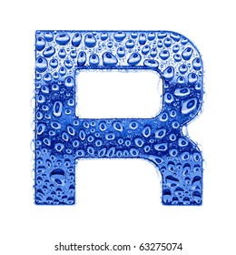 Blue ice alphabet symbol - letter R. Water splashes and drops on glossy metal. Isolated on white