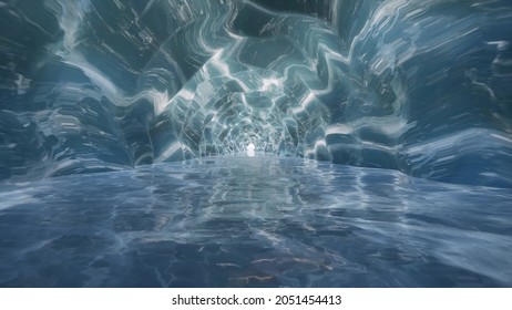 Blue ice CAVE and river Winter day snow cold Landscape 3d render