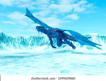 Blue Ice Dragon On Frozen Land, 3d Illustration