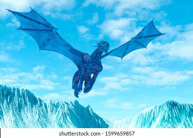 Blue Ice Dragon Passing By On Frozen Land, 3d Illustration